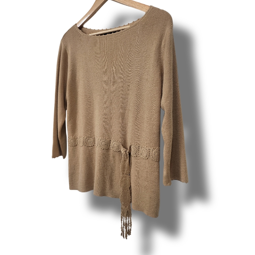 🌿Sag Harbor Women's Medium Tan Knit Crochet Tie Waist Sweater - Picture 4 of 11